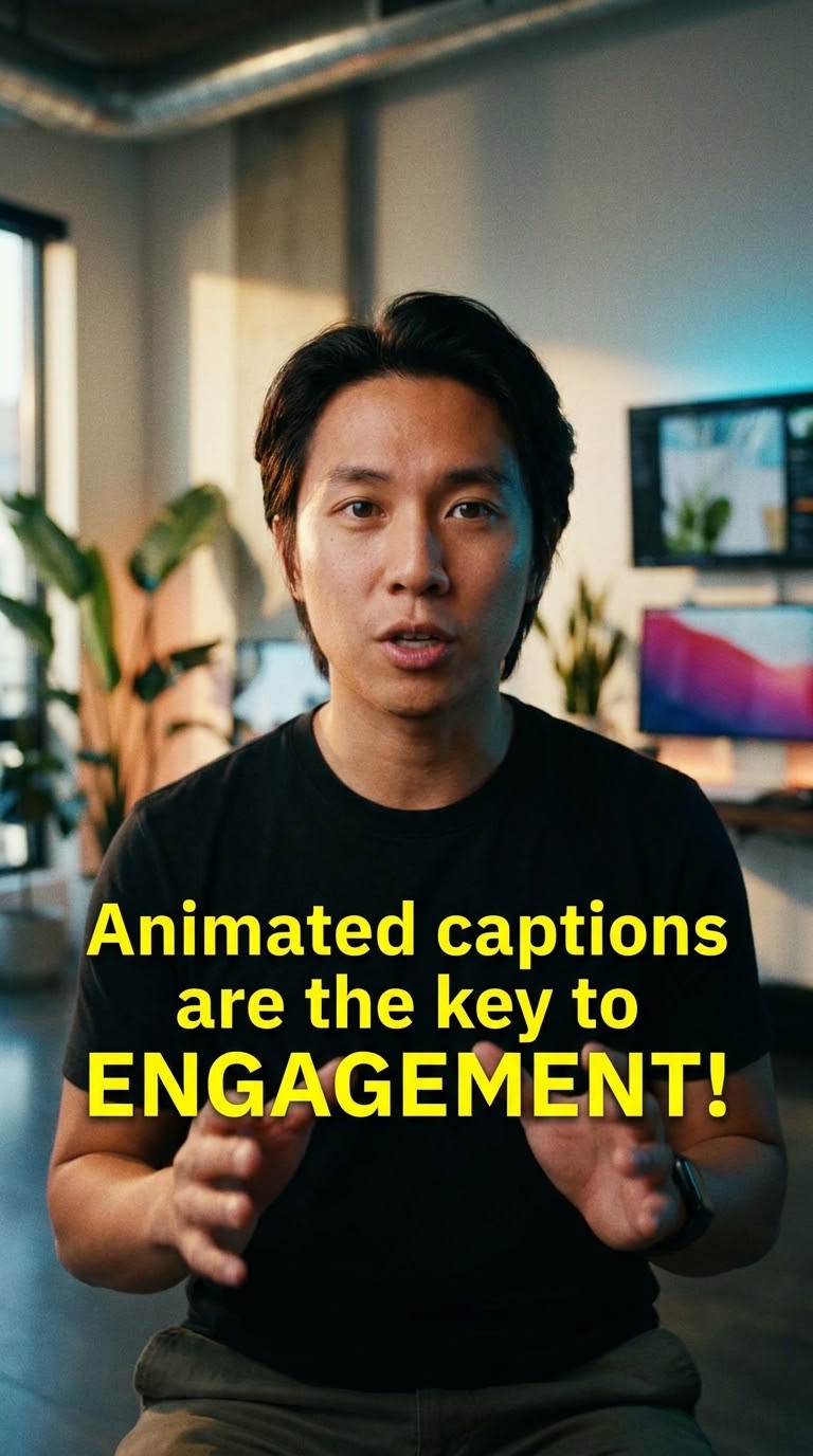 A creator speaking to camera with animated yellow captions burned into the frame